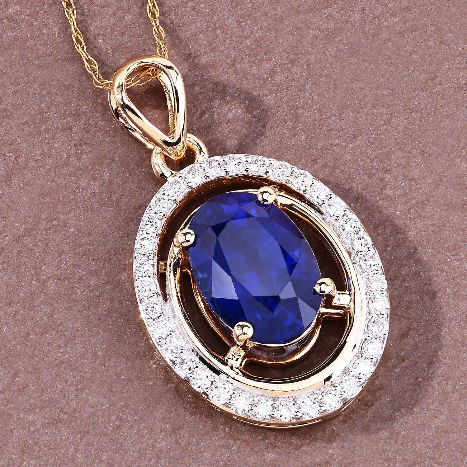 2.59 Ct Genuine Oval Ceylon Blue Sapphire and Diamond 18K Yellow Gold Statement Pendant