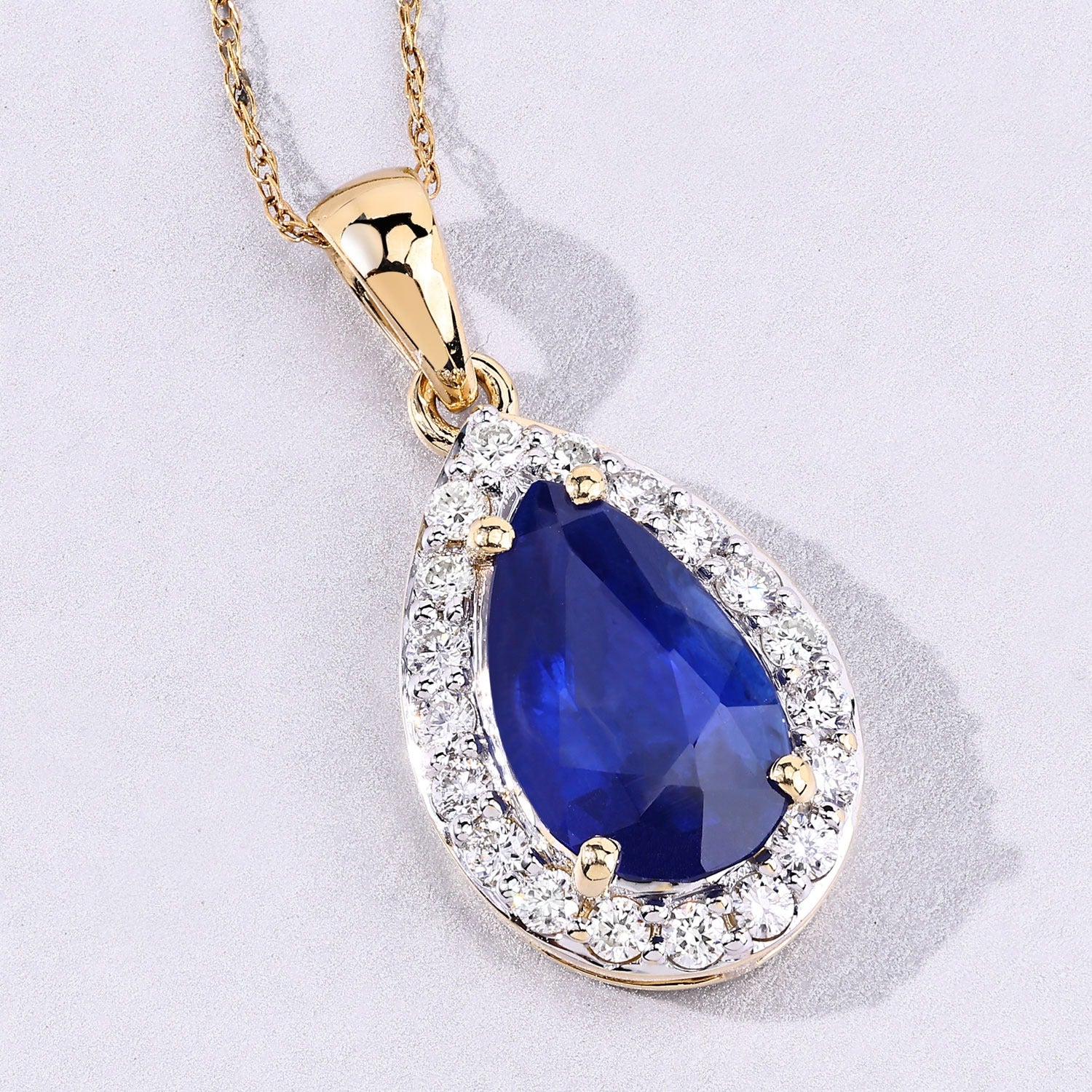 1.88 Ct Genuine Oval Ceylon Blue Sapphire and Diamond 18K Yellow Gold Teardrop Pendant