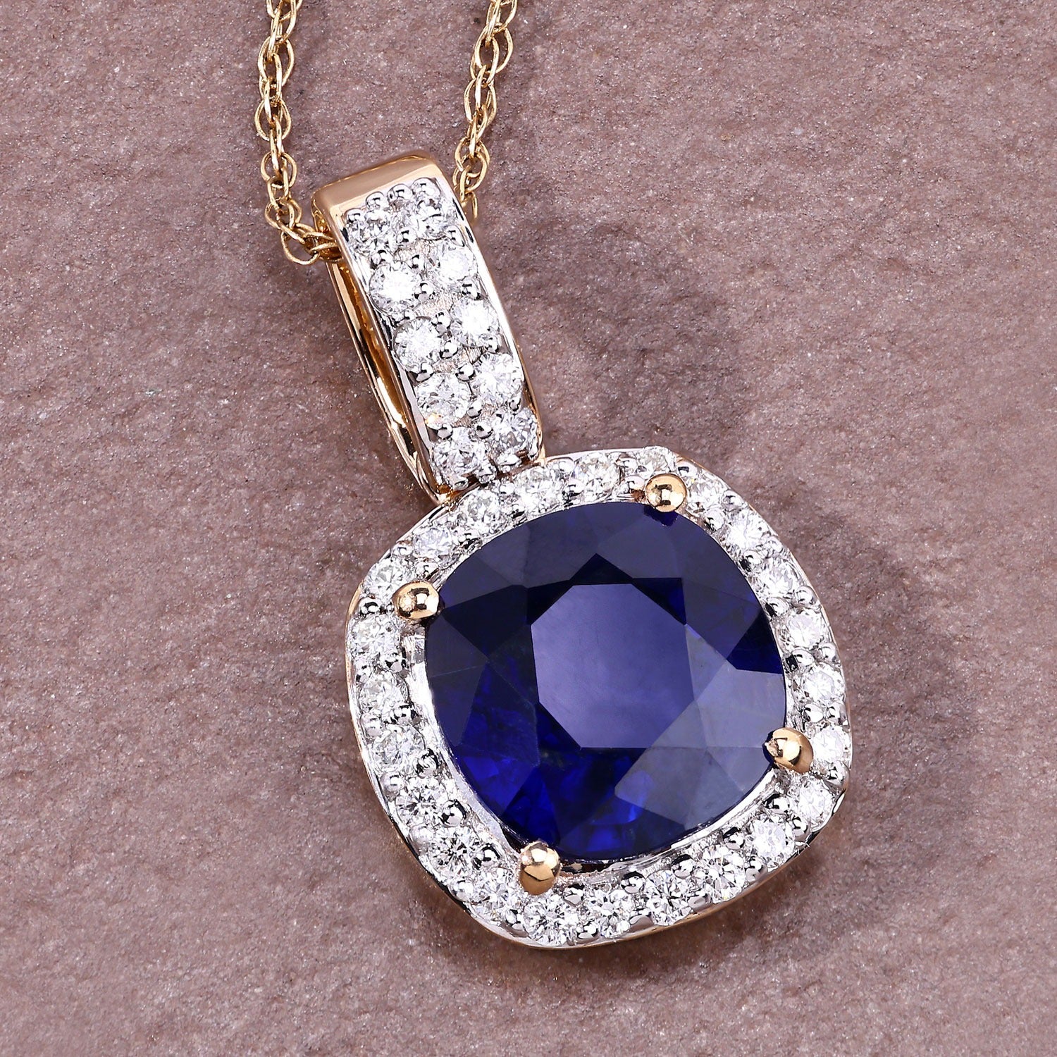 2.18 Ct Genuine Cushion Ceylon Blue Sapphire and Diamond 18K Yellow Gold Halo Pendant