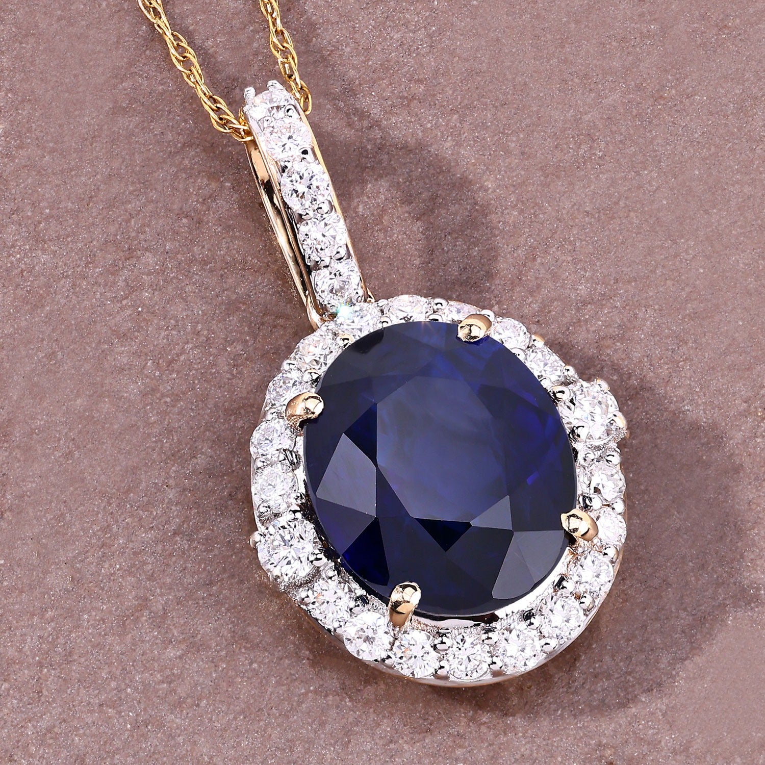 2.58 Ct Genuine Oval Ceylon Blue Sapphire and Diamond 18K Yellow Gold Halo Pendant