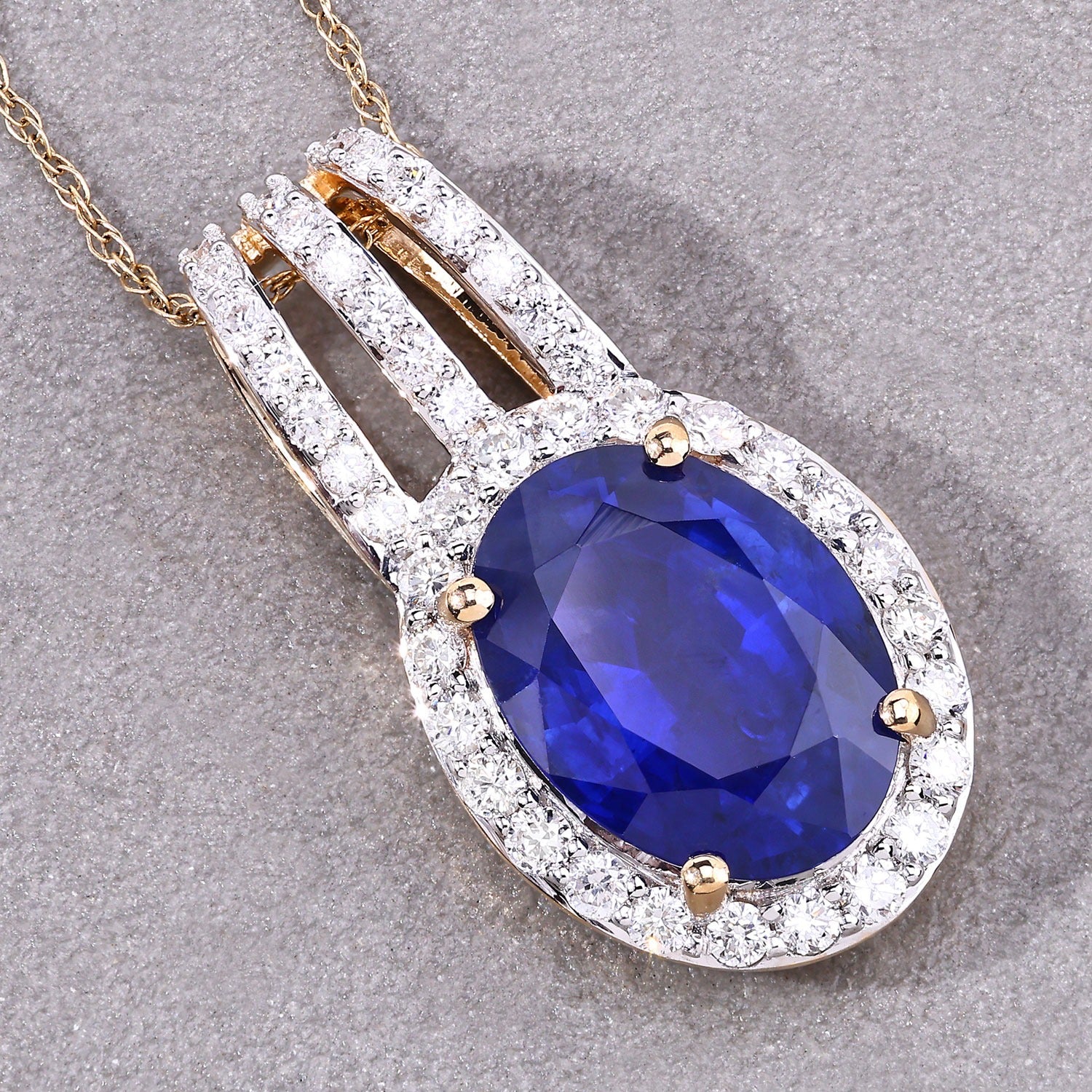 4.06 Ct Genuine Oval Ceylon Blue Sapphire and Diamond 18K Yellow Gold Statement Pendant