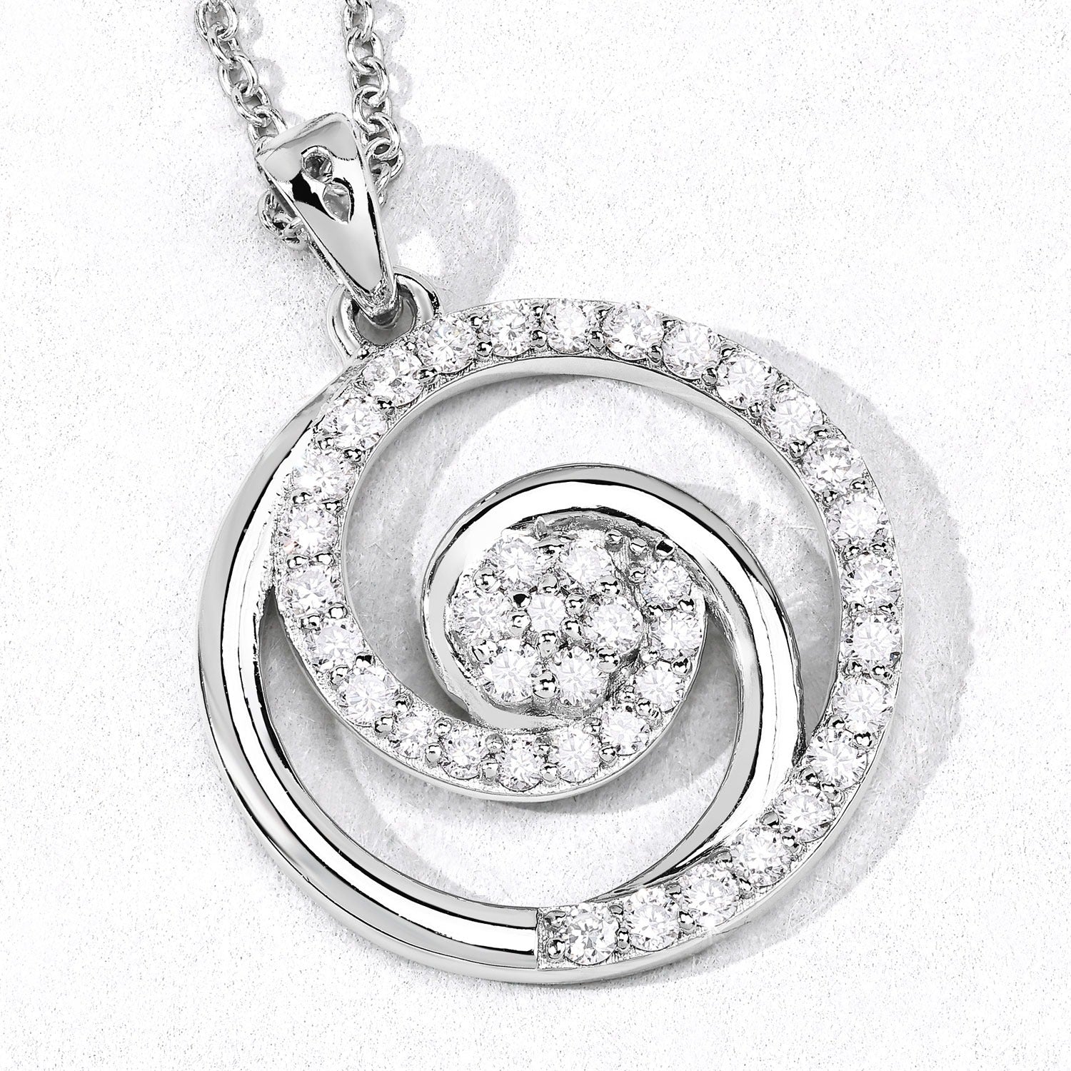 0.75 Cttw Round Lab Diamond Rhodium Plated Silver Spiral Galaxy Circle Pendant Necklace