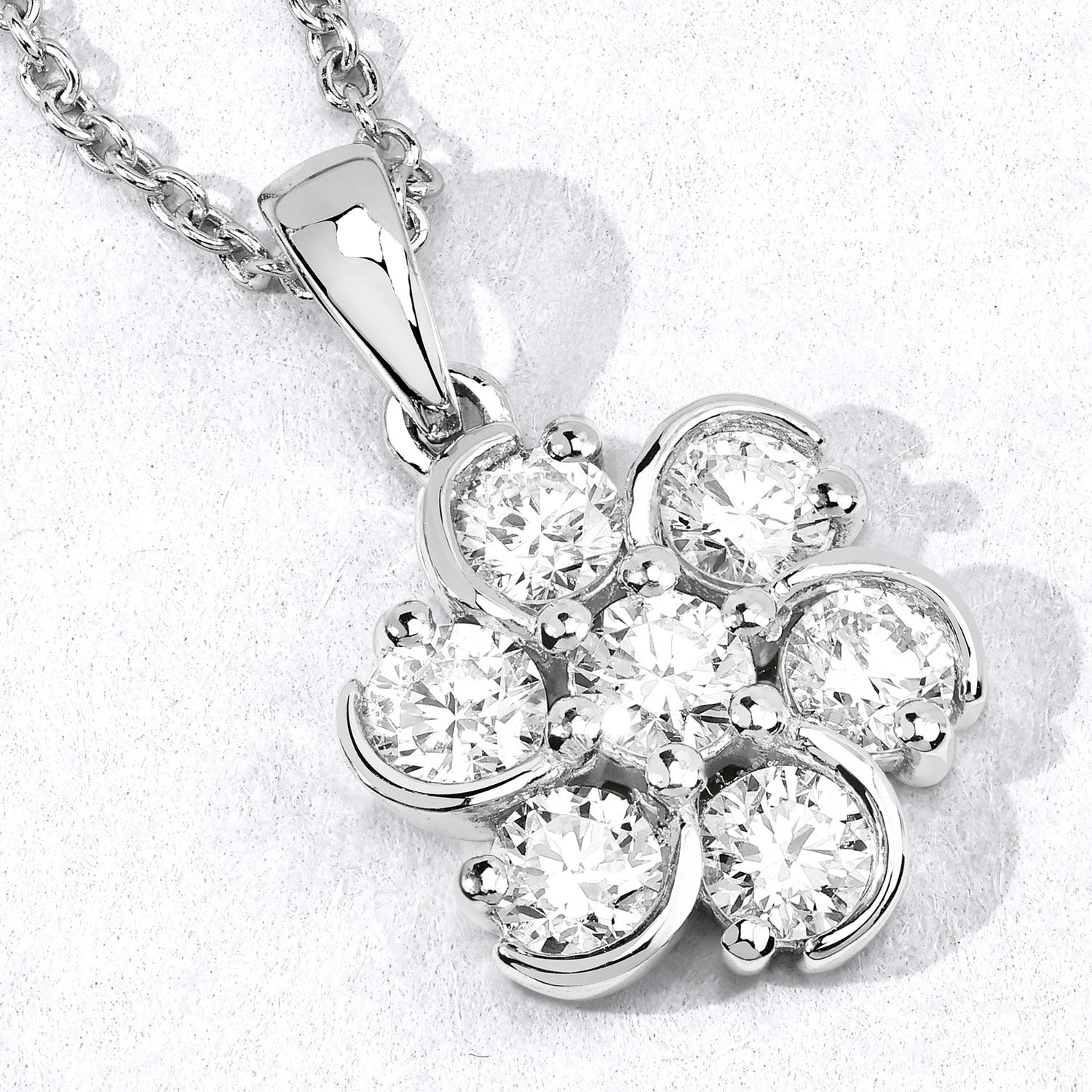 1 Cttw Round Lab Diamond Rhodium Plated Silver Floral Cluster Pendant Necklace