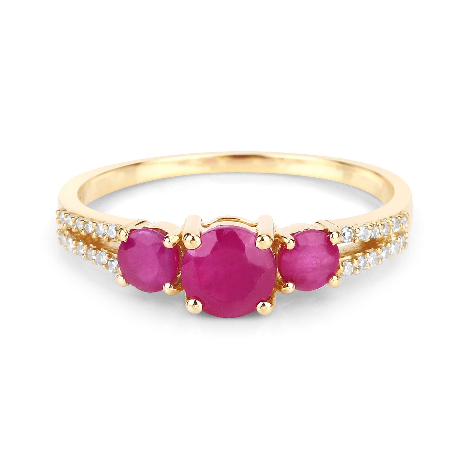1.02 Ct Round Three Stone Pink Ruby and White Diamond Prong 14K Yellow Gold Split Shank Ring