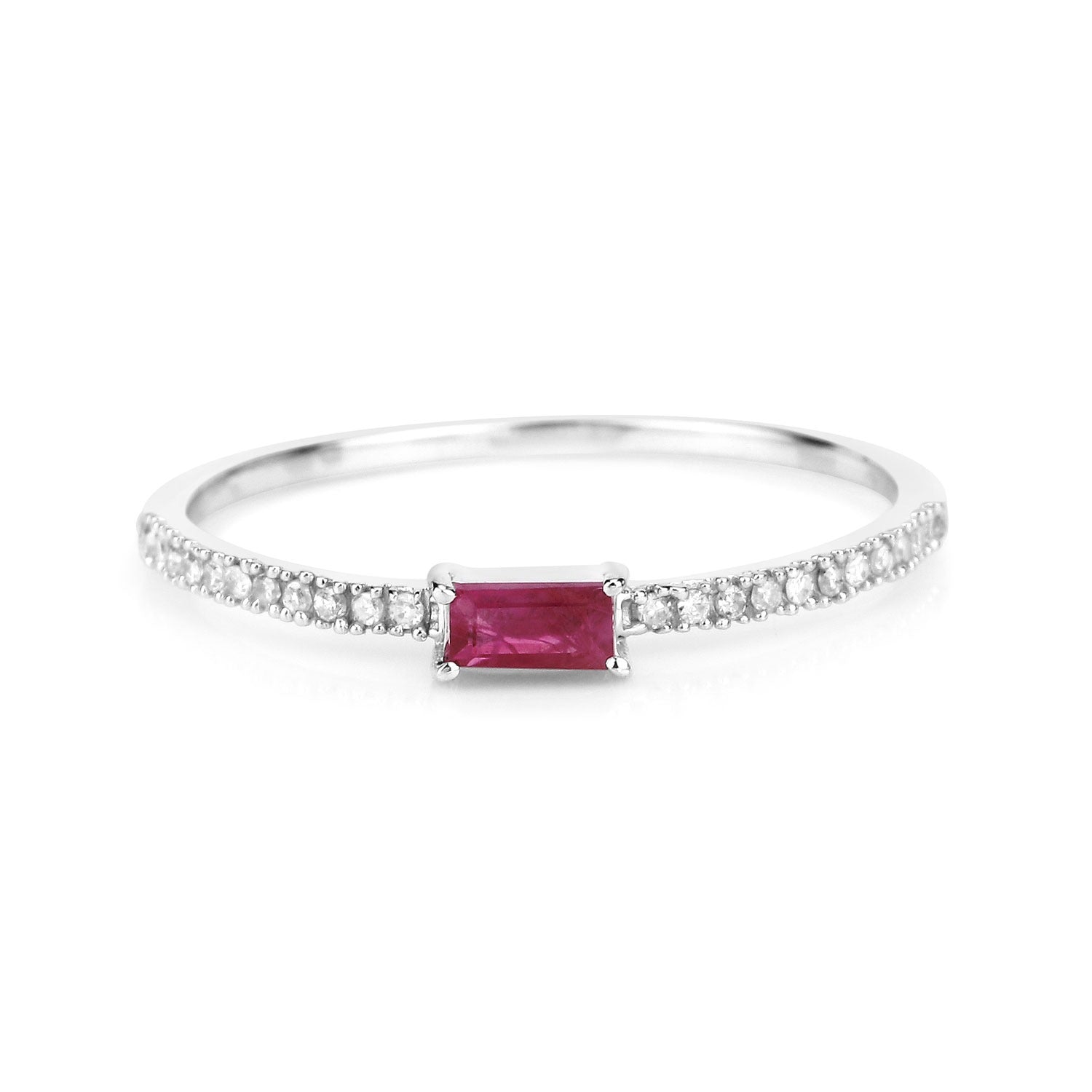 0.22 Ct Baguette Cut Pink Ruby and White Diamond Prong 14K White Gold Bridge Stackable Pave Ring