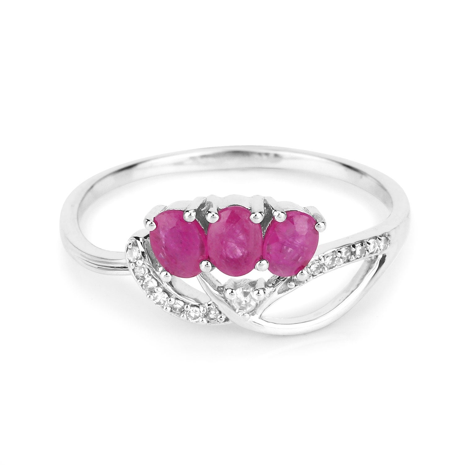 0.66 Ct Oval Pink Ruby & Diamond Prong 14K White Gold Pave Three Stone Knot Ring
