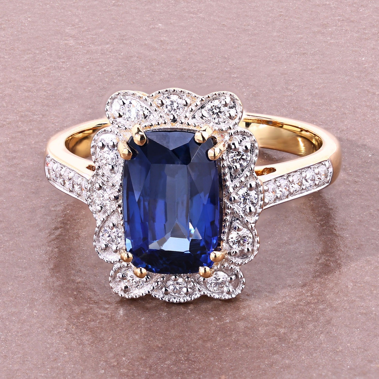 3.21 Ct Cushion Ceylon Blue Sapphire and White Diamond Prong 18K Gold Pave Halo Statement Ring