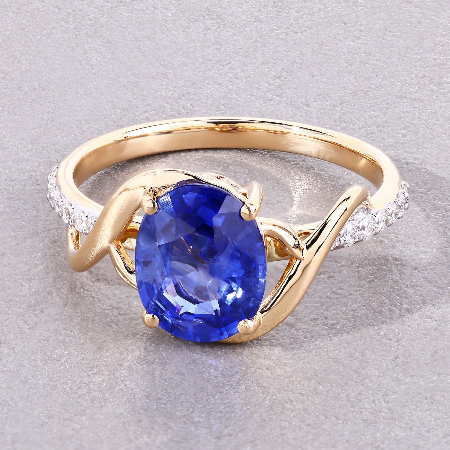 2.34 Ct Genuine Oval Ceylon Blue Sapphire Diamond 18K Yellow Gold Crossover Ring