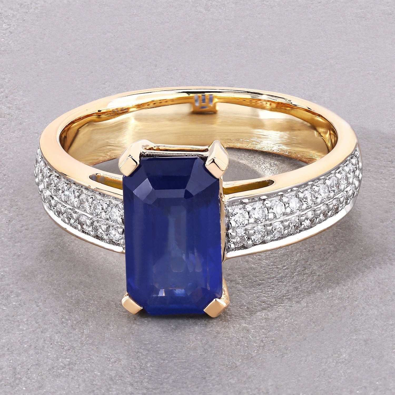 3.14 Ct Genuine Ceylon Blue Sapphire Diamond 18K Yellow Gold Octagon Pave Ring