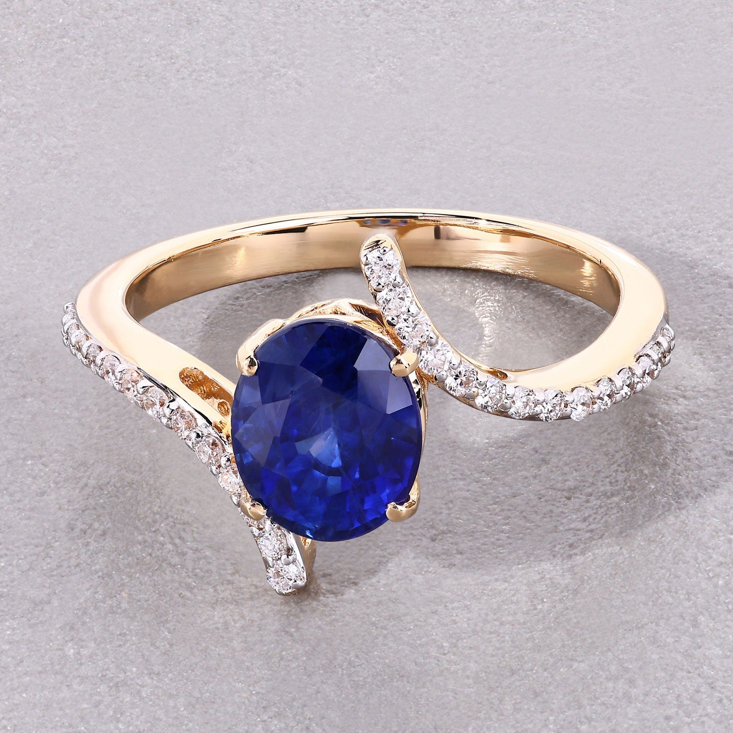 2.42 Ct Genuine Ceylon Blue Sapphire Diamond Pave Bypass Ring 18K Yellow Gold