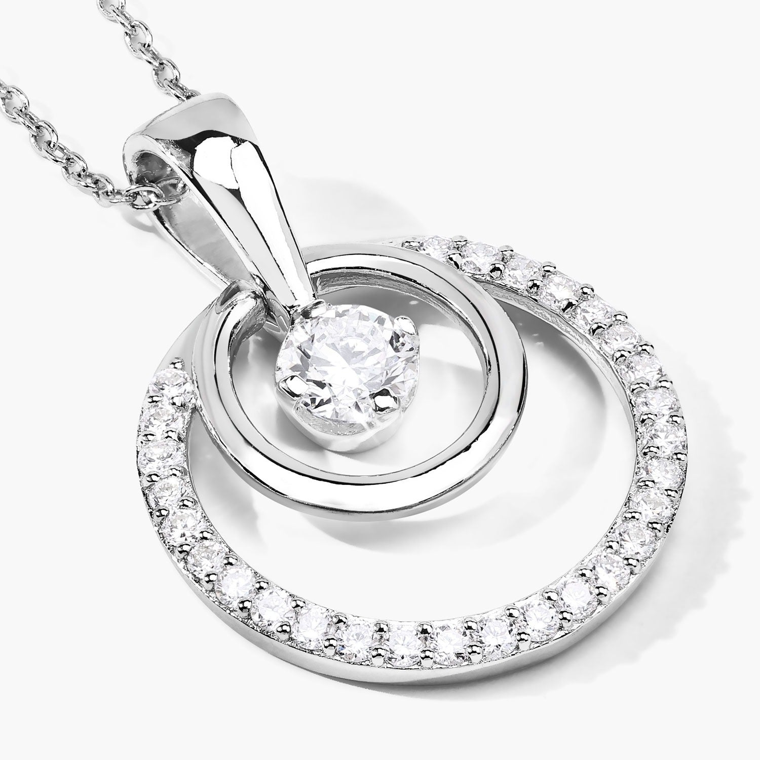 1 Cttw Round White Lab Grown Diamond Rhodium Plated Silver Double Circle Halo Pendant Necklace