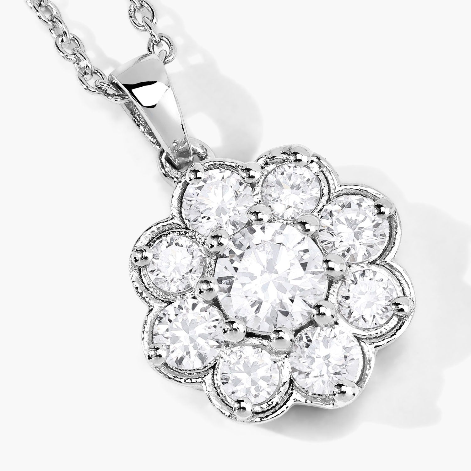 1 Cttw Round Lab Diamond Rhodium Plated Silver Scalloped Floral Halo Cluster Pendant Necklace