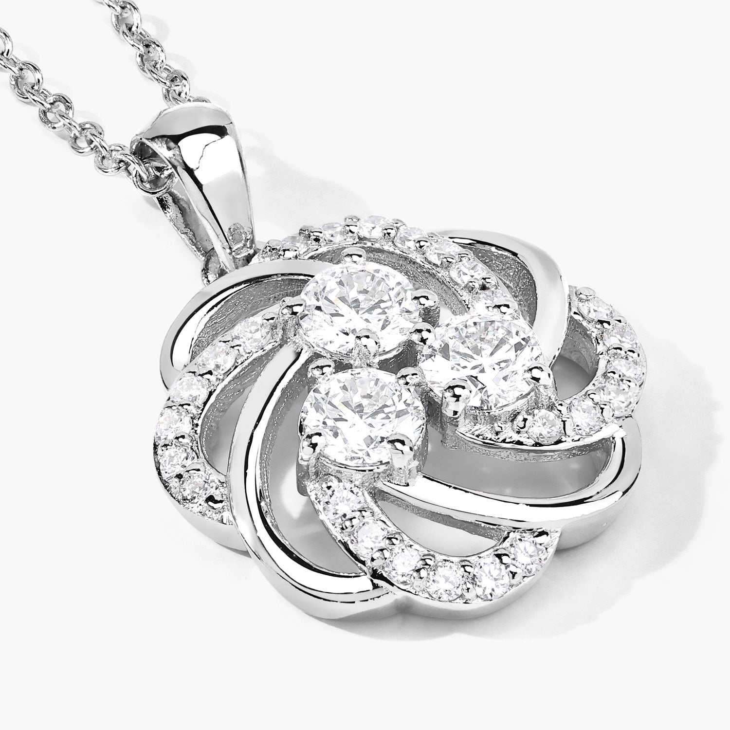 1 Cttw Round Lab Diamond Rhodium Plated Silver Three Stone Swirl Flower Pendant Necklace