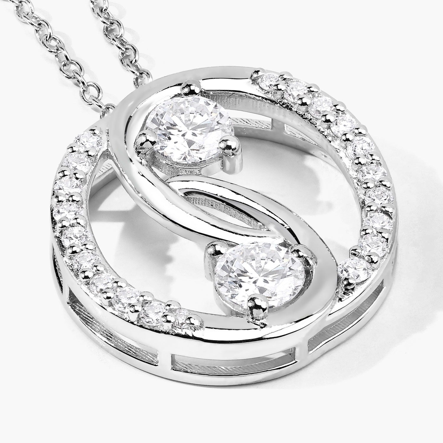 1 Cttw Round Lab Diamond Rhodium Plated Silver Two Stone Swirl Circle Pendant Necklace