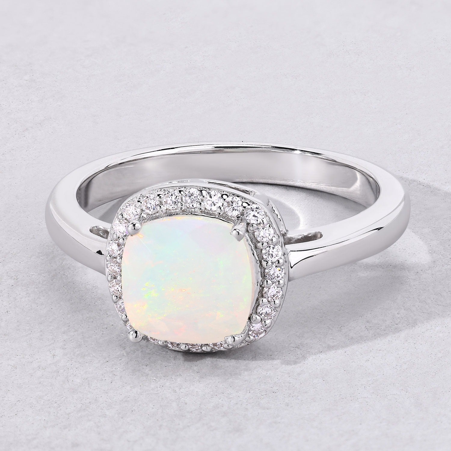 0.80 Ct Cushion Ethiopian Opal & Lab Diamond Prong Sterling Silver Halo Ring