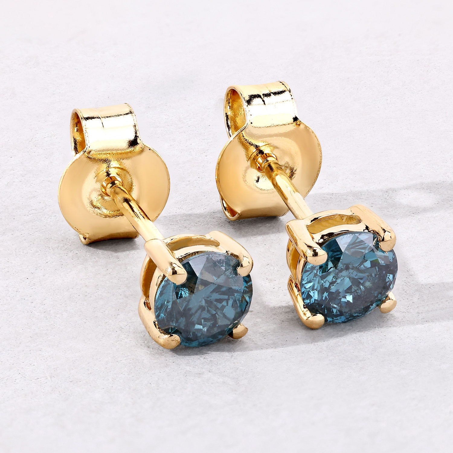 0.73 Cttw Round Teal Blue Diamond 14K Gold Solitaire Stud Earrings