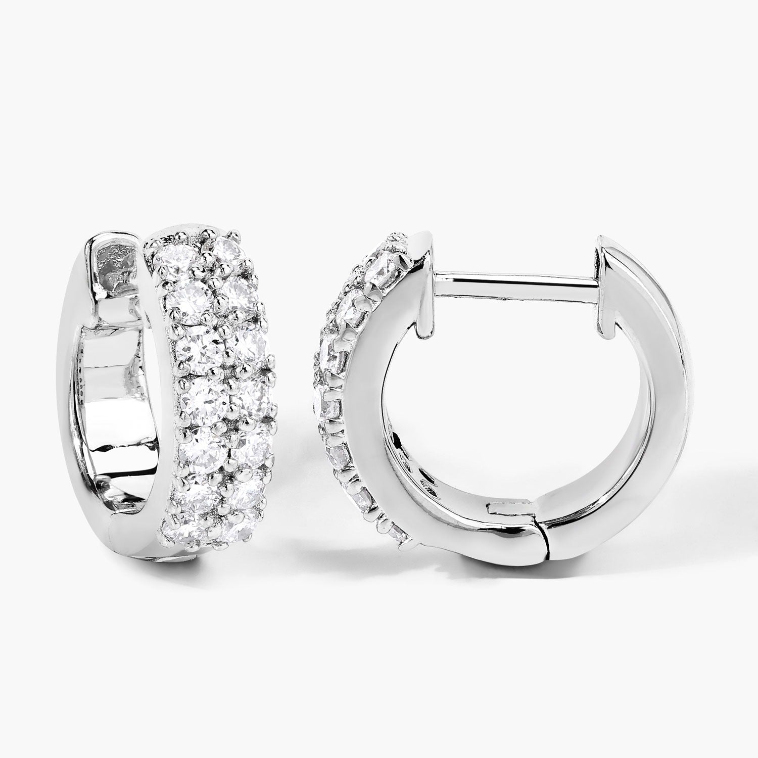 0.50 Cttw Round White Lab Diamond Pavé Rhodium Plated Silver Multi Row Huggie Hoop Earrings