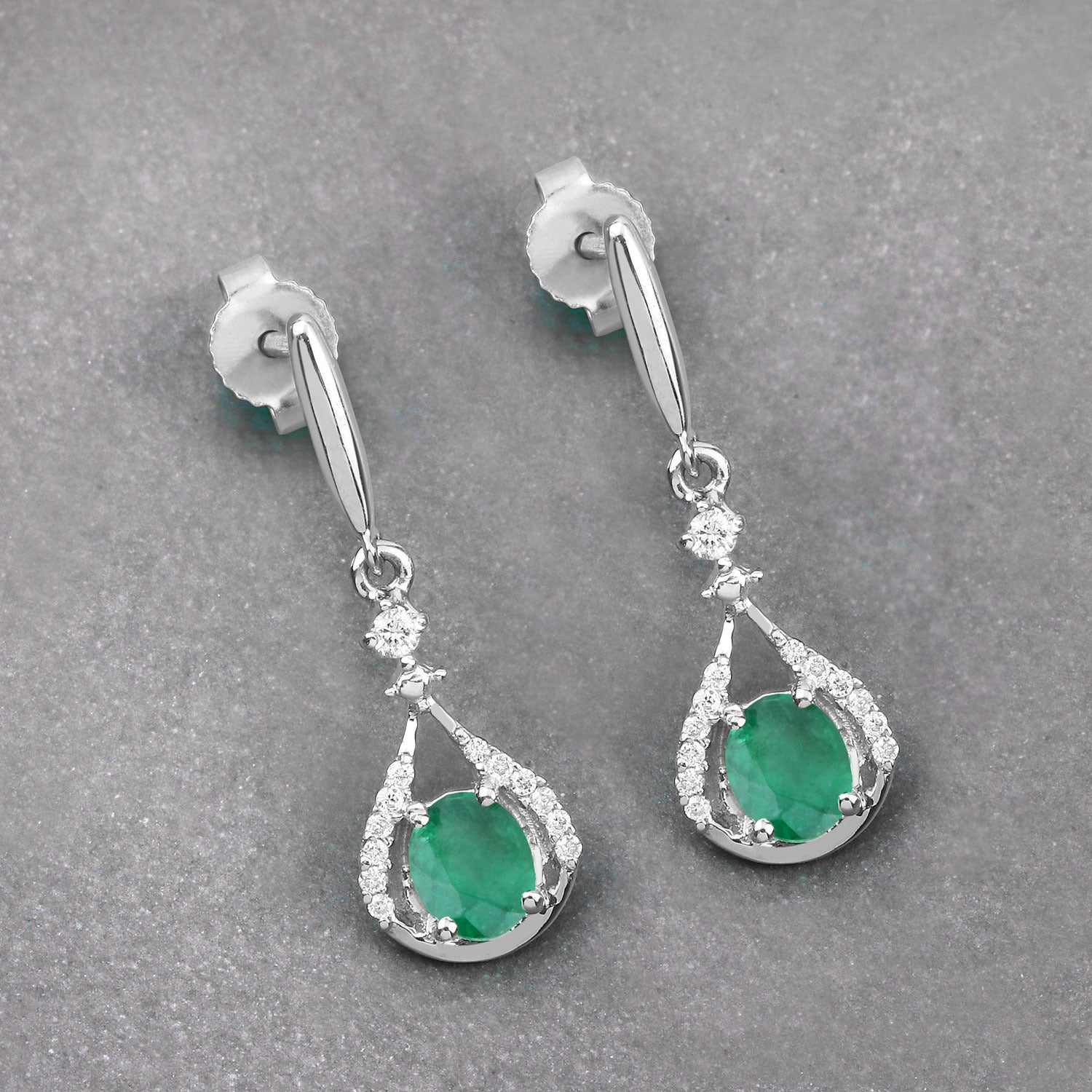 0.60 Ct Oval Green Zambian Emerald & Diamond Prong 14K White Gold Drop Dangle Earrings