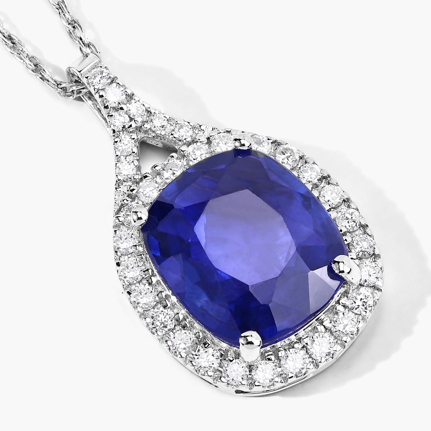 2.73 Ct Genuine Cushion Ceylon Blue Sapphire and Diamond 18K White Gold Halo Pendant