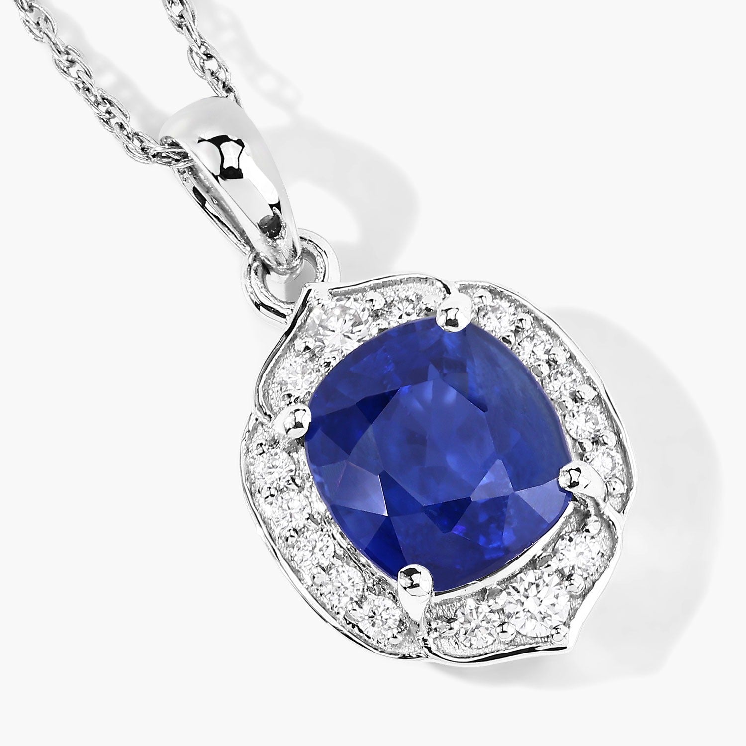2.19 Ct Genuine Cushion Ceylon Blue Sapphire and Diamond 18K White Gold Halo Pendant