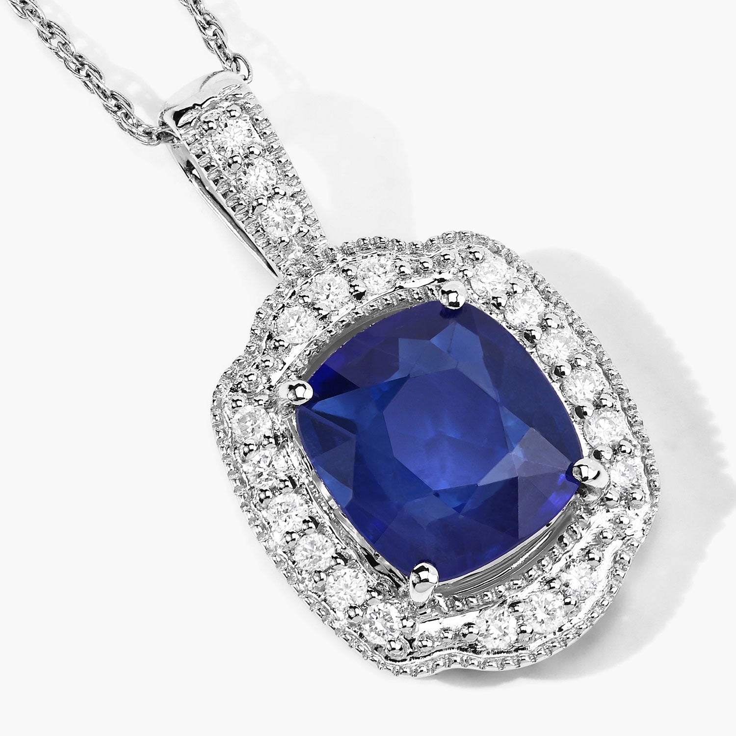 2.53 Ct Genuine Cushion Ceylon Blue Sapphire and Diamond 18K White Gold Halo Pendant
