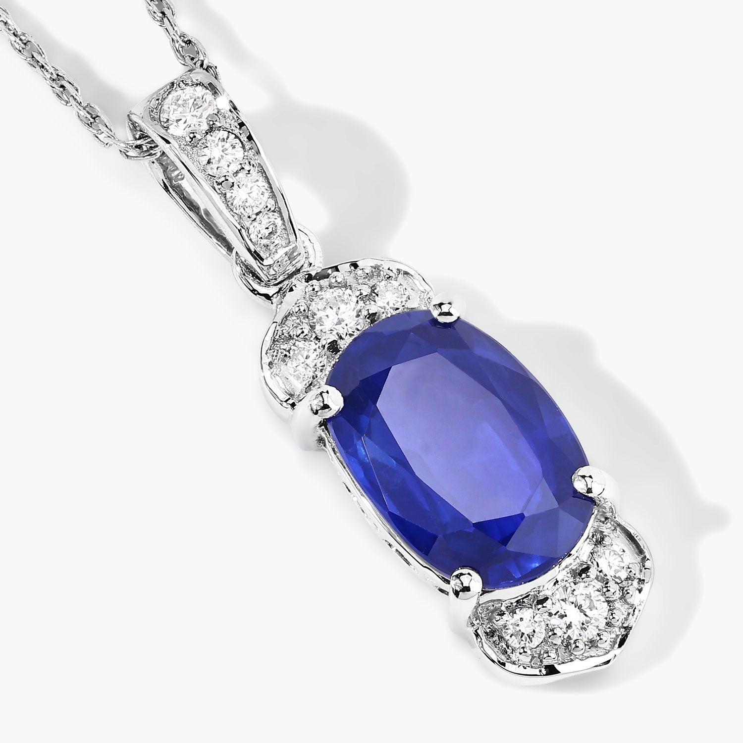 2.46 Ct Genuine Cushion Ceylon Blue Sapphire and Diamond 18K White Gold Statement Pendant