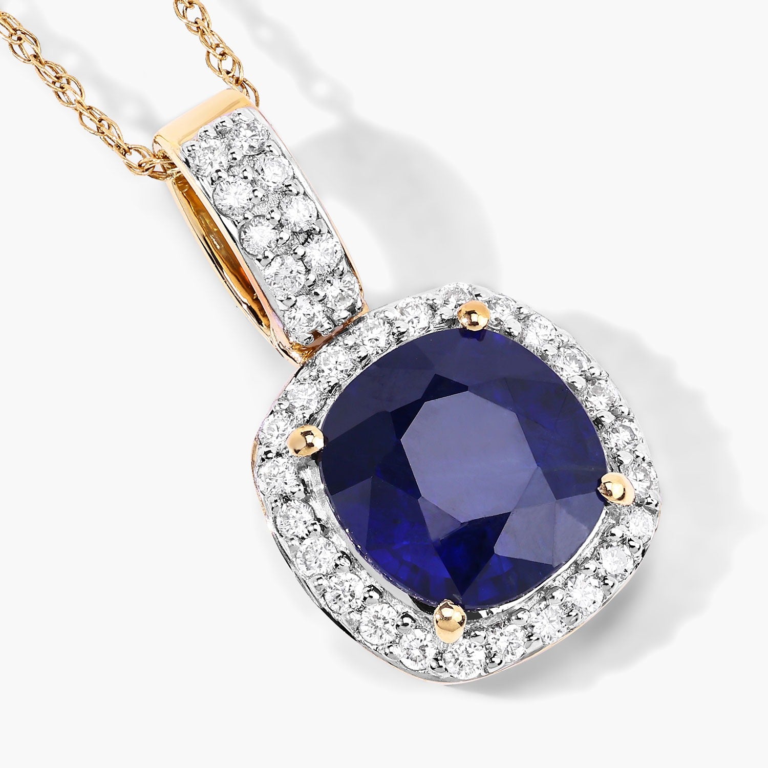2.18 Ct Genuine Cushion Ceylon Blue Sapphire and Diamond 18K Yellow Gold Halo Pendant