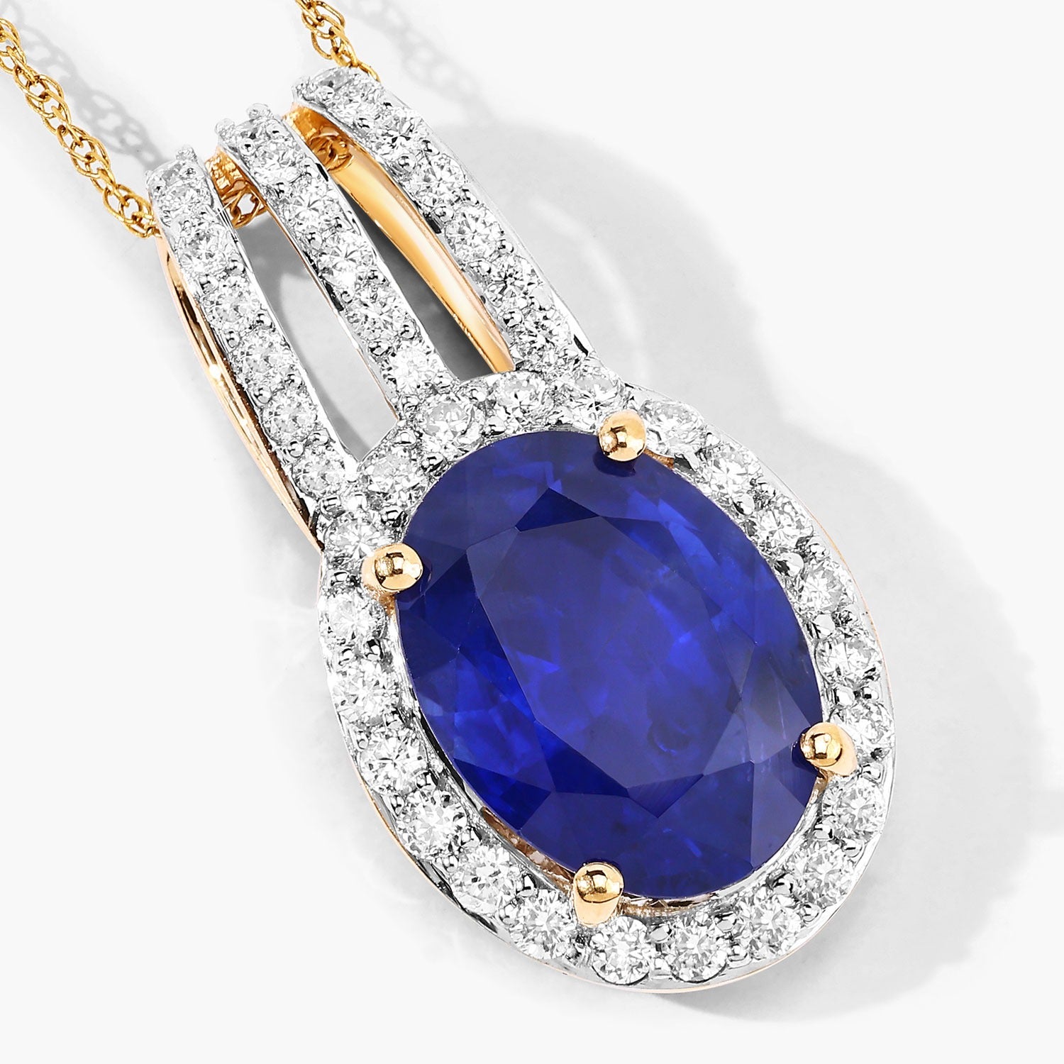 4.06 Ct Genuine Oval Ceylon Blue Sapphire and Diamond 18K Yellow Gold Statement Pendant