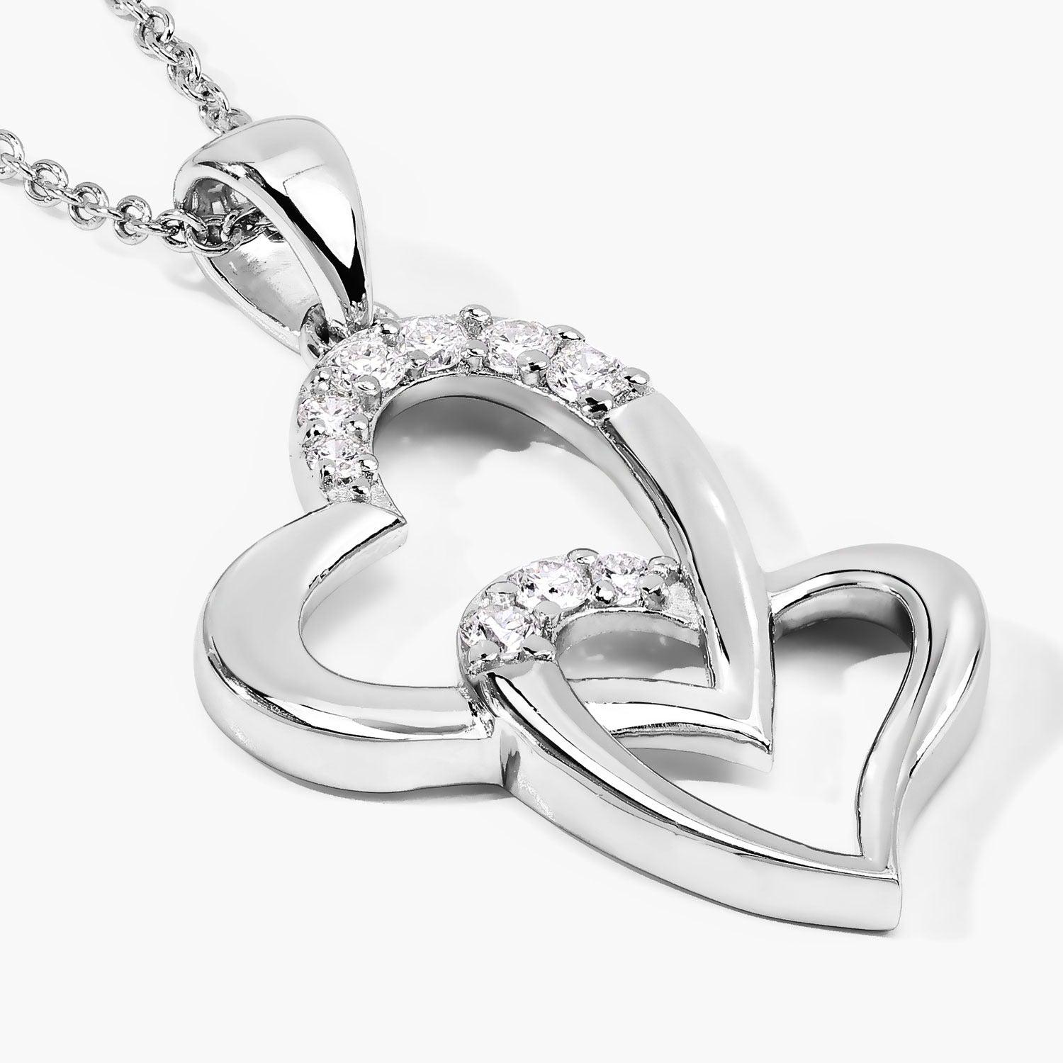 0.26 Cttw Round Lab Diamond Rhodium Plated Silver Intertwined Double Heart Pendant Necklace