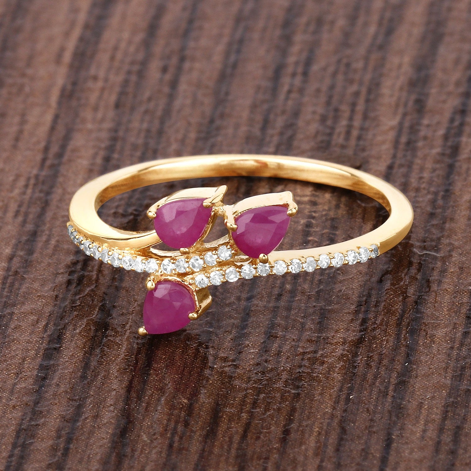 0.68 Ct Pear Shaped Pink Ruby and White Diamond Prong 14K Yellow Gold Bypass Toi et Moi Ring