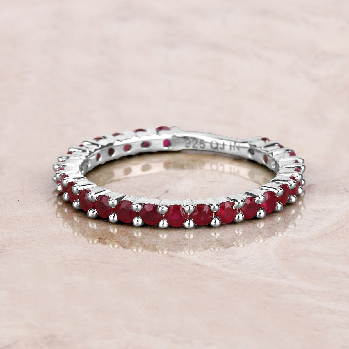 1.04 Cttw Round Pink Natural Ruby Rhodium Over 925 Sterling Silver Eternity Ring