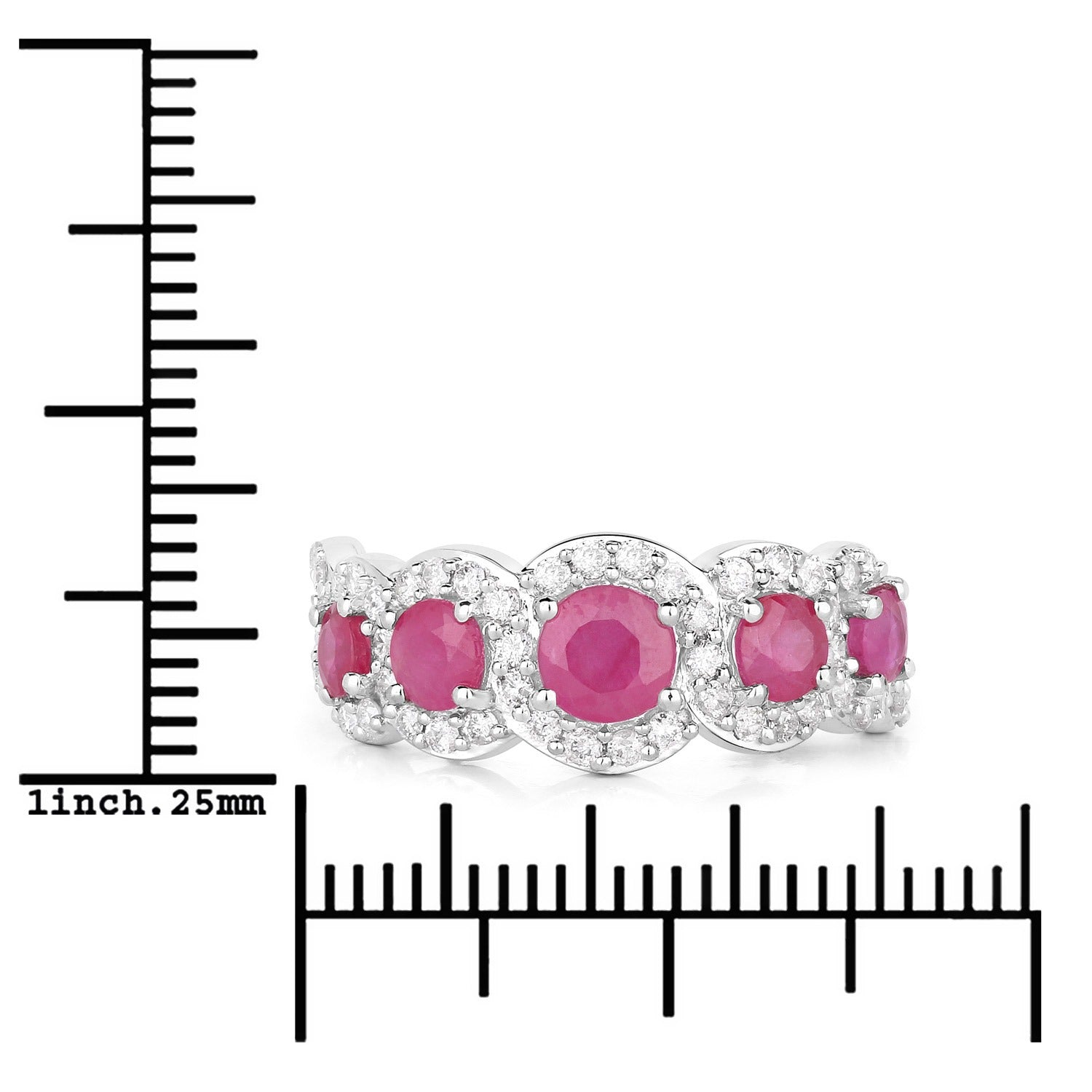 1.99 Ct Round Cut Pink Ruby and White Diamond Prong 14K White Gold Five Stone Halo Ring