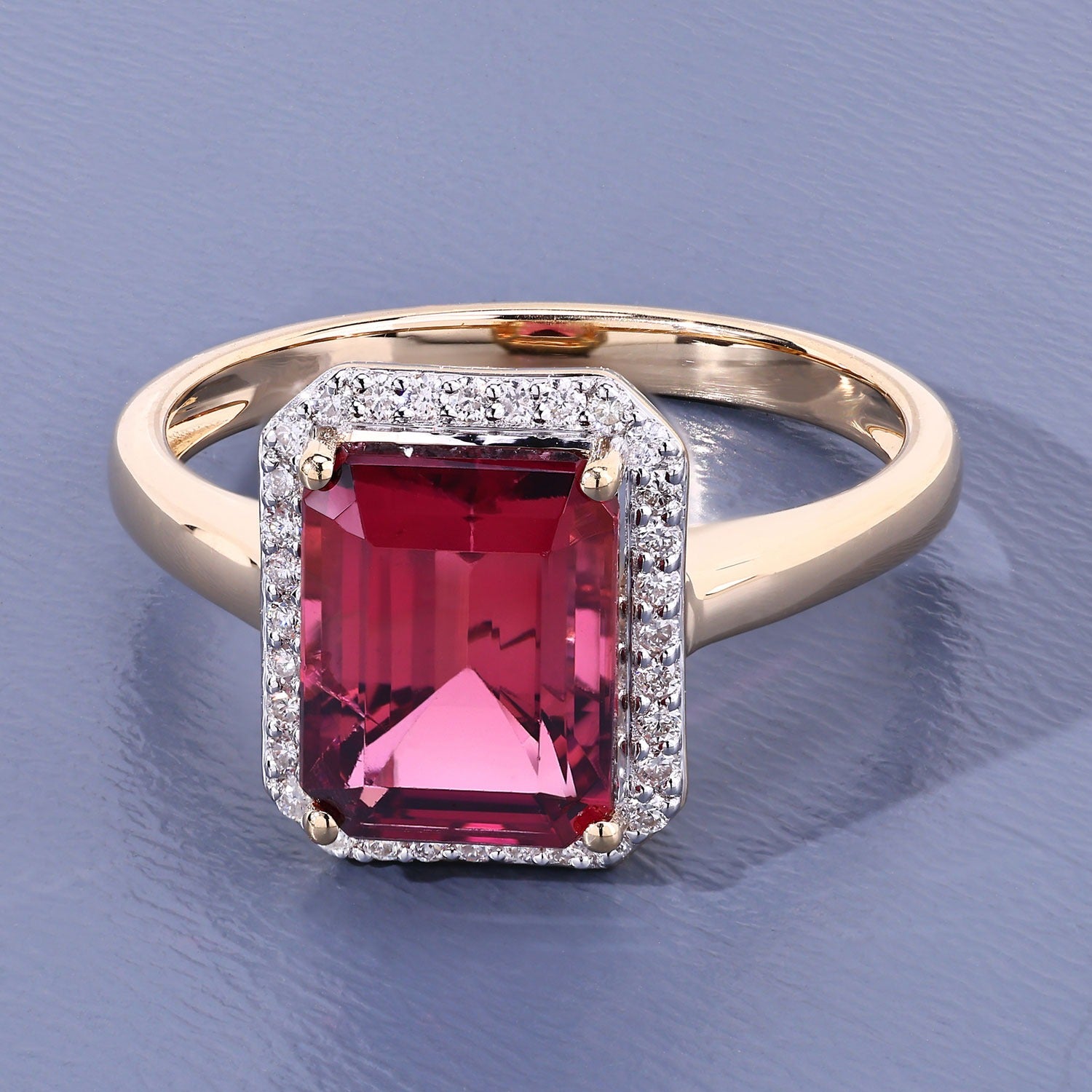 Red Genuine Rubellite and White Diamond 14K Gold Octagon Halo Ring Fine Color Jewels