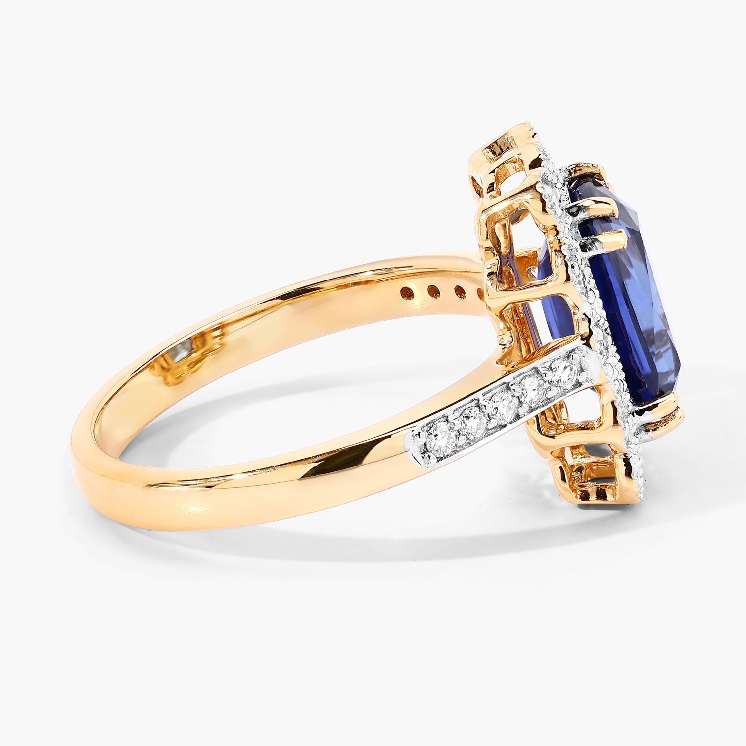3.21 Ct Cushion Ceylon Blue Sapphire and White Diamond Prong 18K Gold Pave Halo Statement Ring