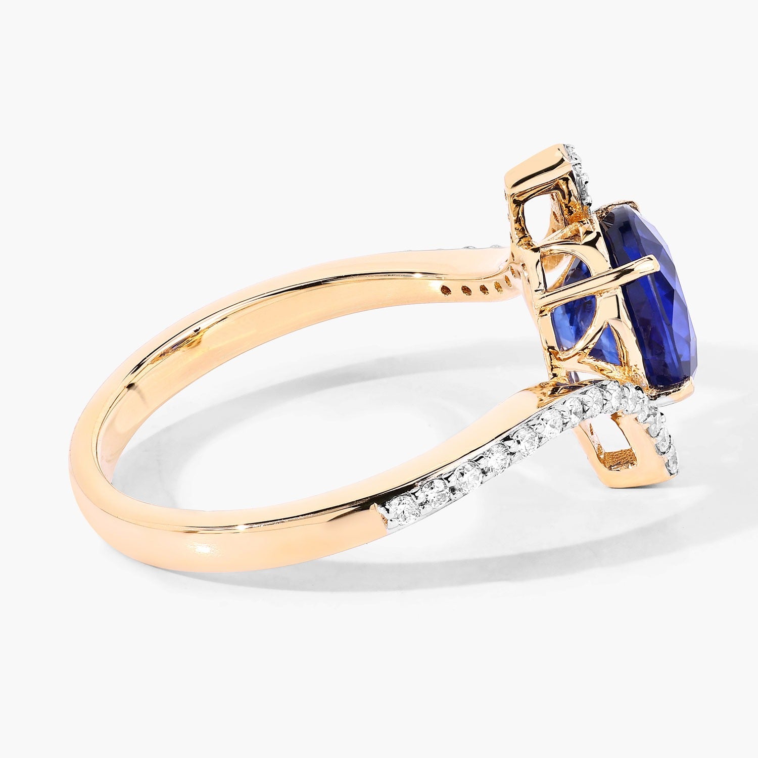 2.42 Ct Genuine Ceylon Blue Sapphire Diamond Pave Bypass Ring 18K Yellow Gold