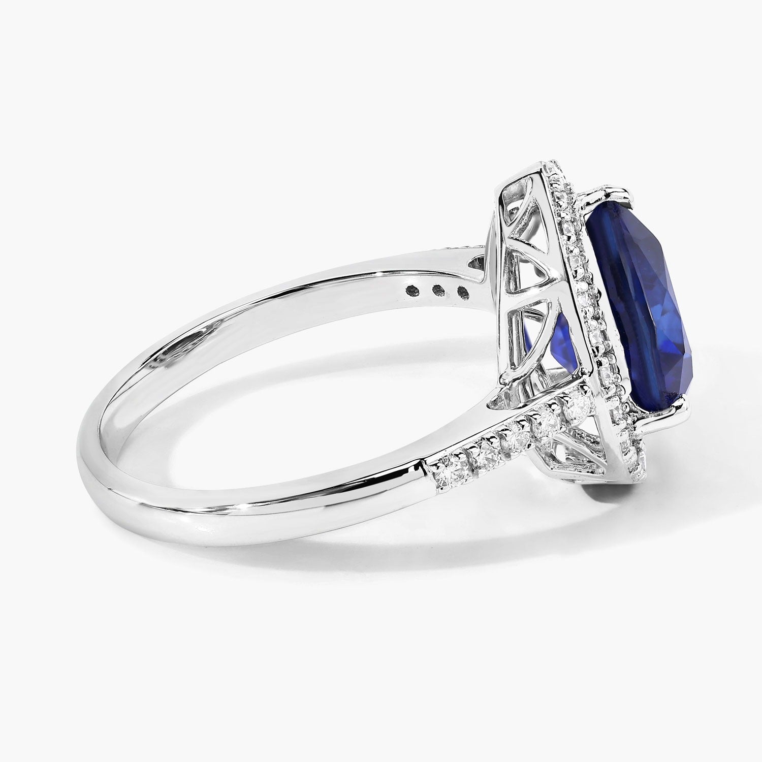 3.47 Ct Pear Ceylon Blue Sapphire and White Diamond Prong 18K White Gold Pave Halo Statement Ring