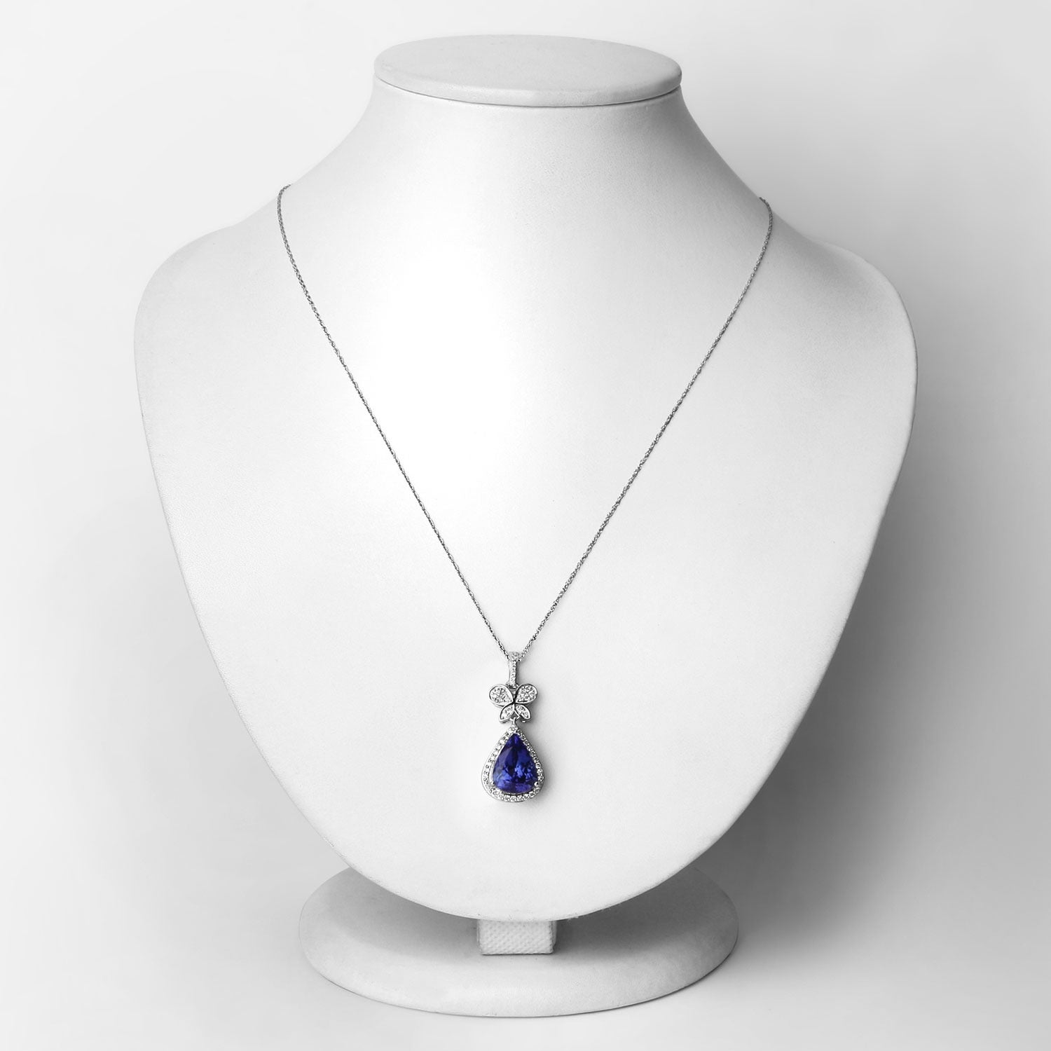 5.54 Ct Genuine Pear Tanzanite and Diamond 18K White Gold Statement Pendant