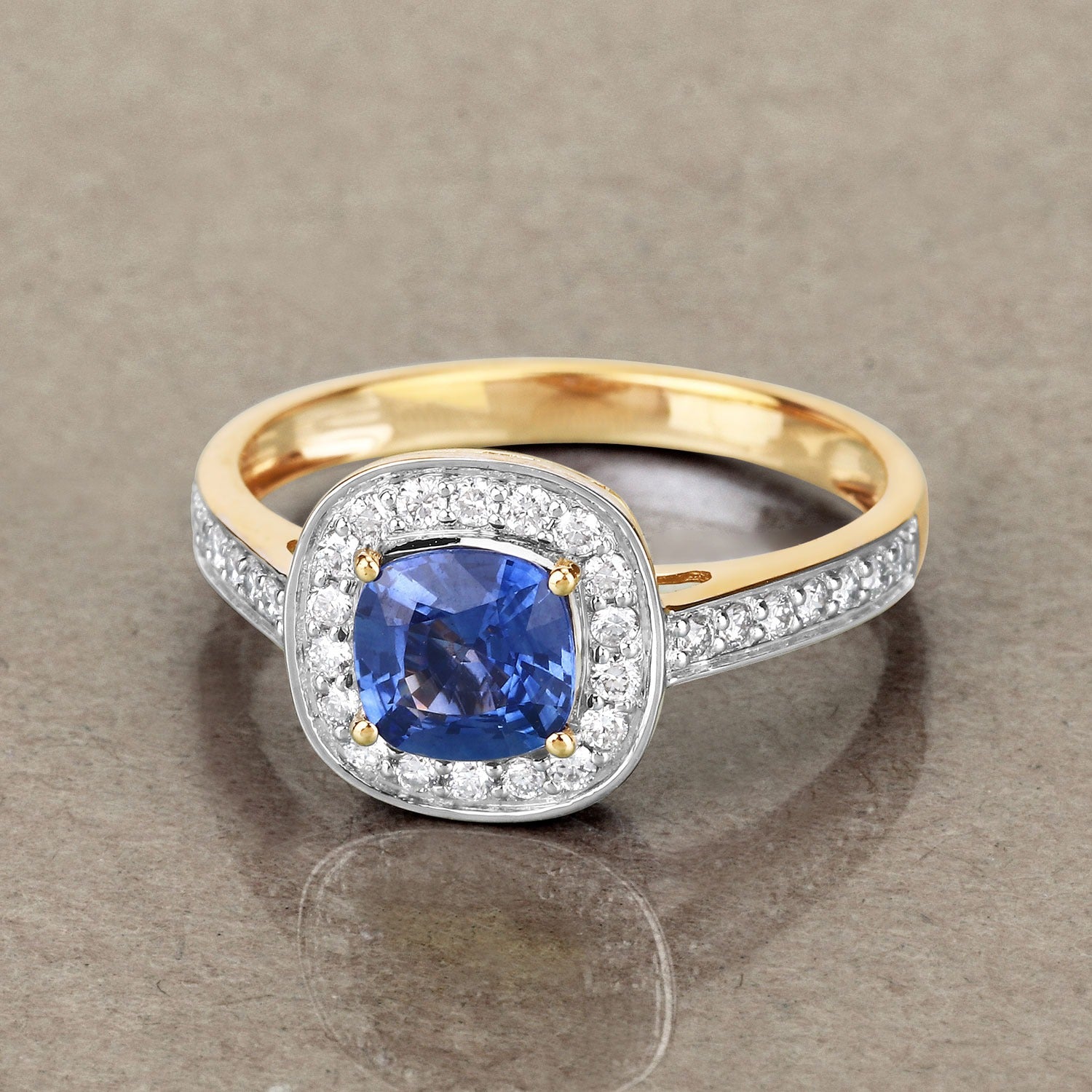 1.31 Ct Genuine Blue Sapphire Diamond 18K Yellow Gold Halo Pave Ring