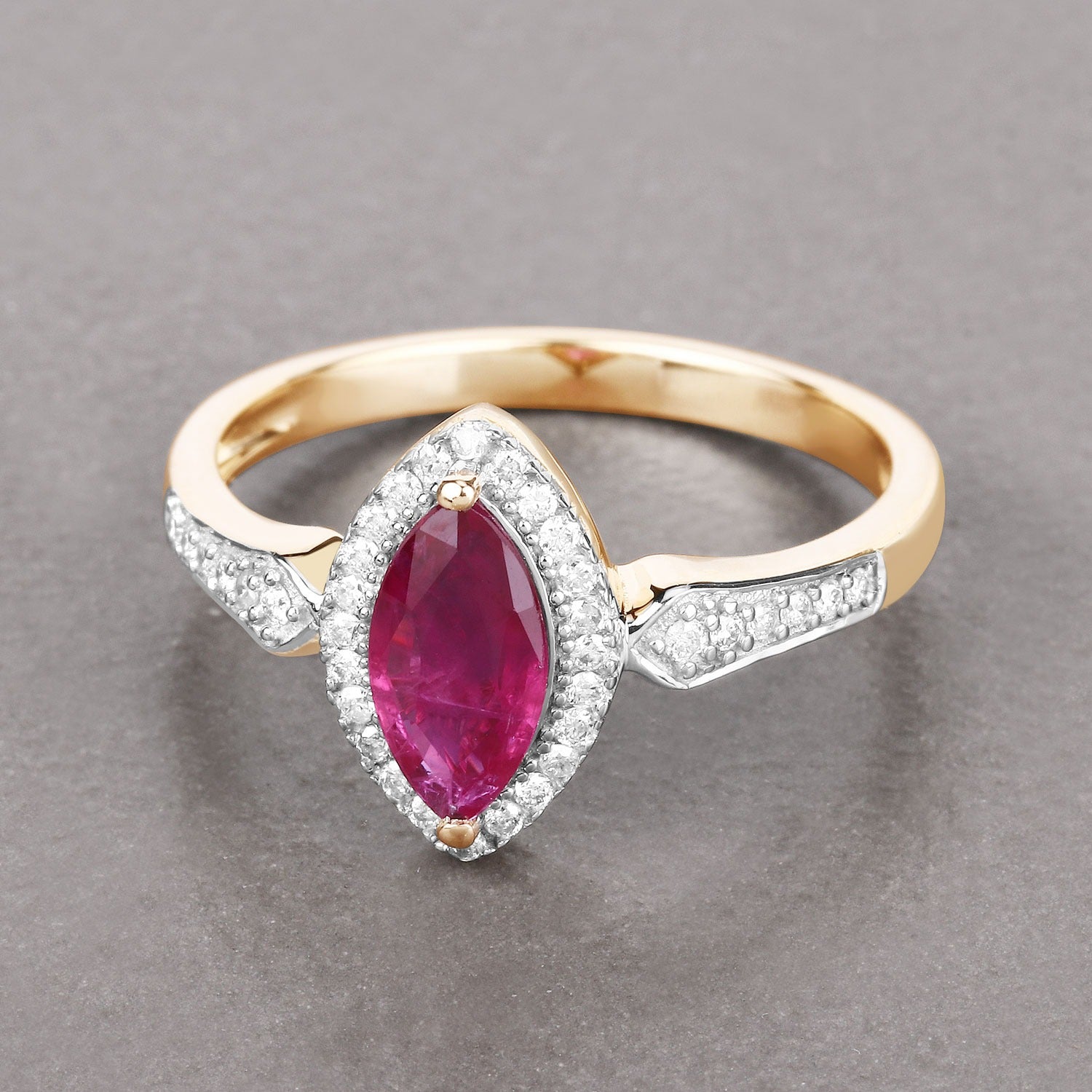 1.14 Ct Marquise Cut Pink Ruby and White Diamond Prong 14K Yellow Gold Halo Pave Ring