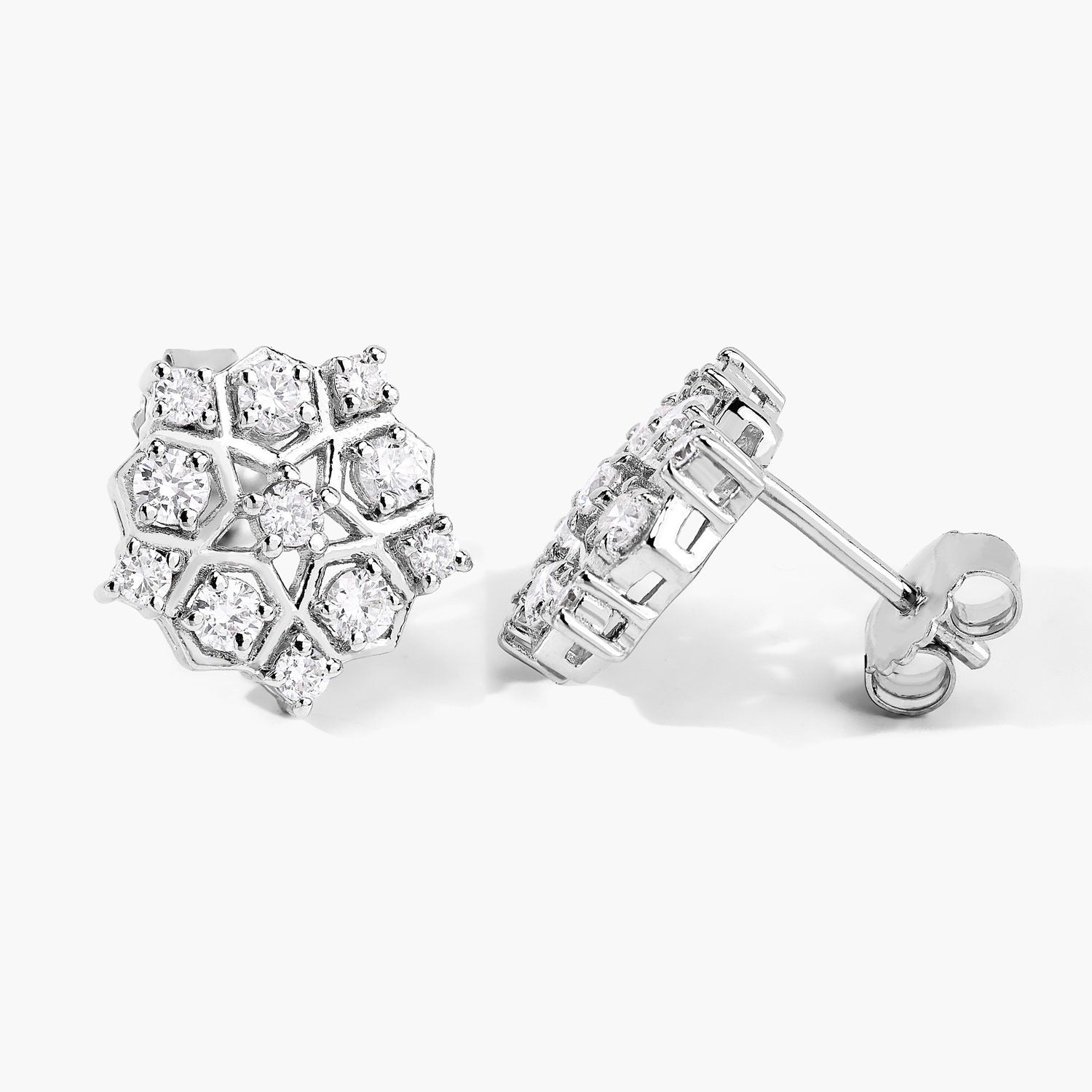 1.00 Cttw Round White Lab Diamond Prong Rhodium Plated Silver Hexagon Cluster Stud Earrings