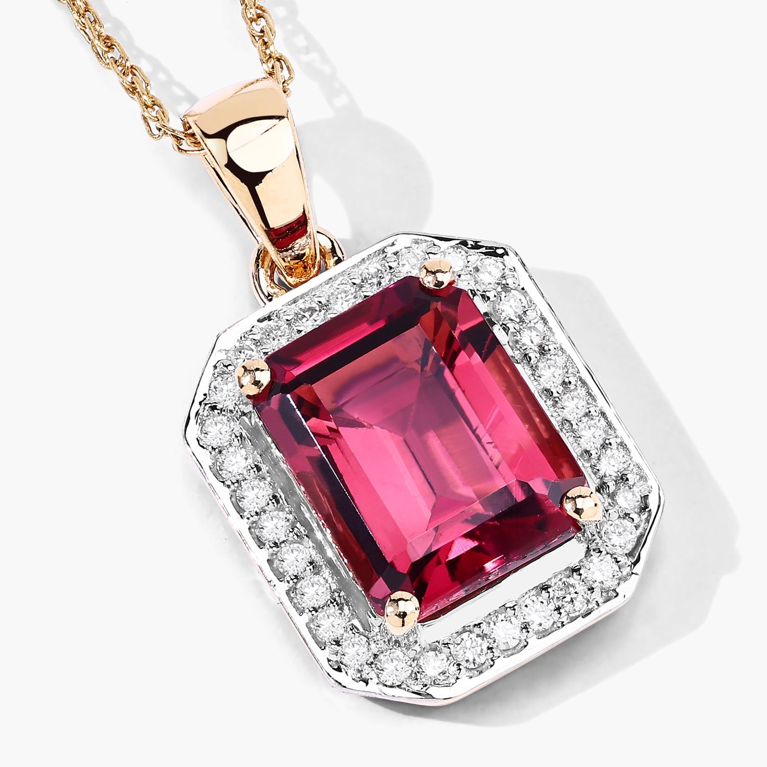 Red Genuine Rubellite and White Diamond 14K Yellow Gold Halo Pendant Fine Color Jewels