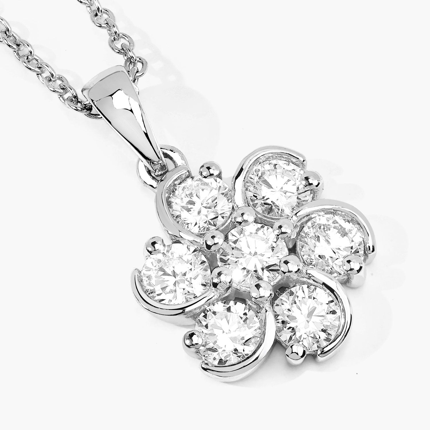 1 Cttw Round Lab Diamond Rhodium Plated Silver Floral Cluster Pendant Necklace