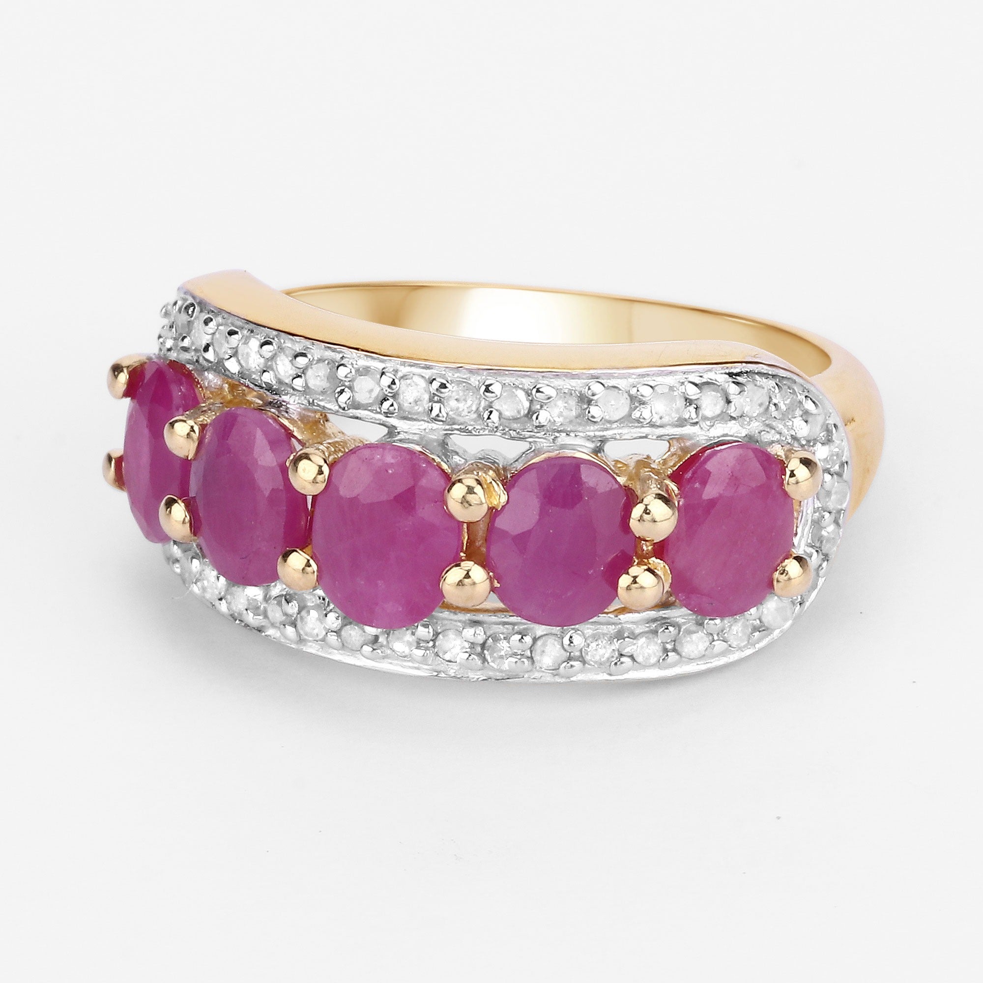 1.74 Ct Oval Pink Ruby and White Diamond Prong Silver Five Stone Halo Ring