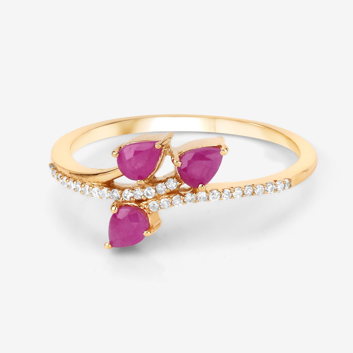 0.68 Ct Pear Shaped Pink Ruby and White Diamond Prong 14K Yellow Gold Bypass Toi et Moi Ring