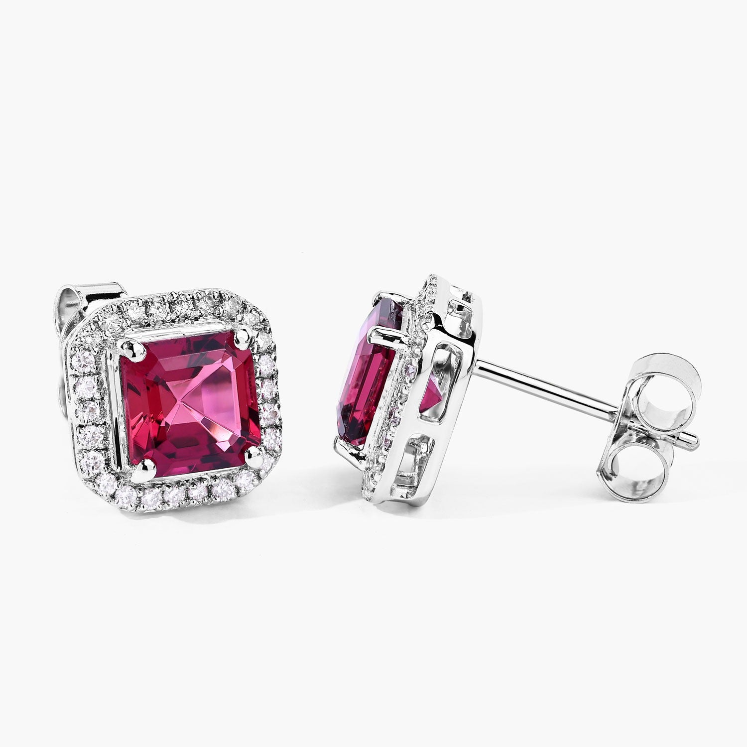 Red Rubellite and White Diamond 14K Gold Stud Earrings