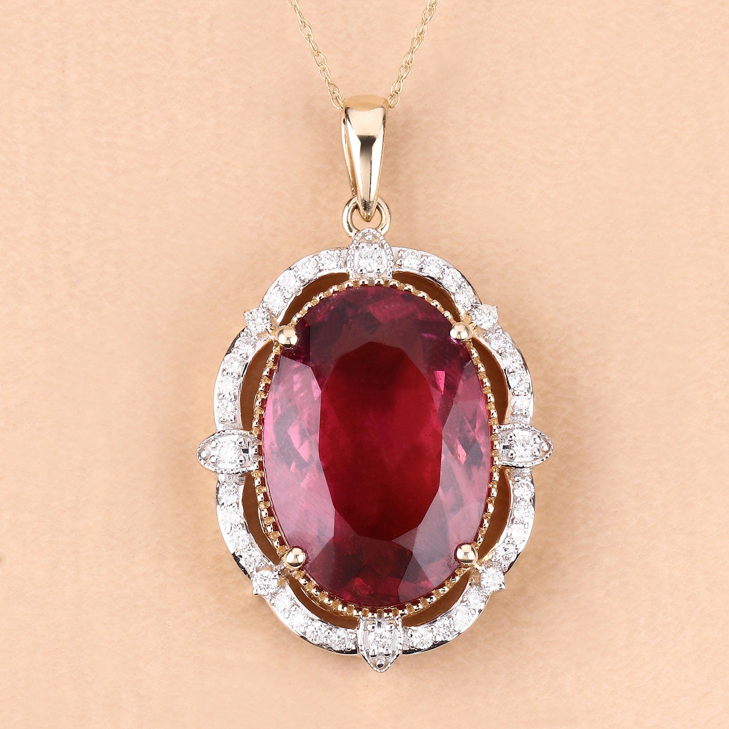 Genuine Rubellite and White Diamond 14K Yellow Gold Oval Pendant Fine Color Jewels