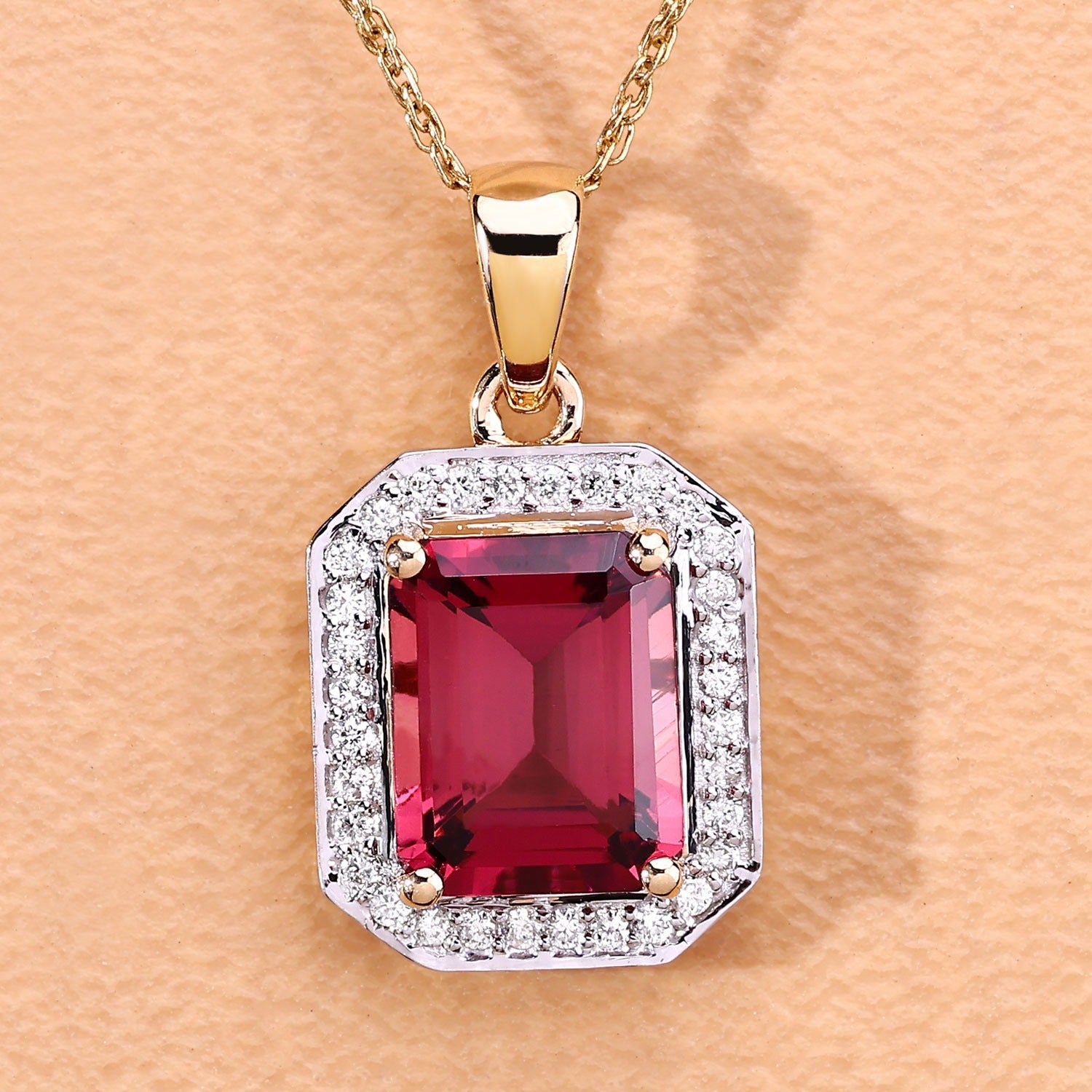 Red Genuine Rubellite and White Diamond 14K Yellow Gold Halo Pendant Fine Color Jewels