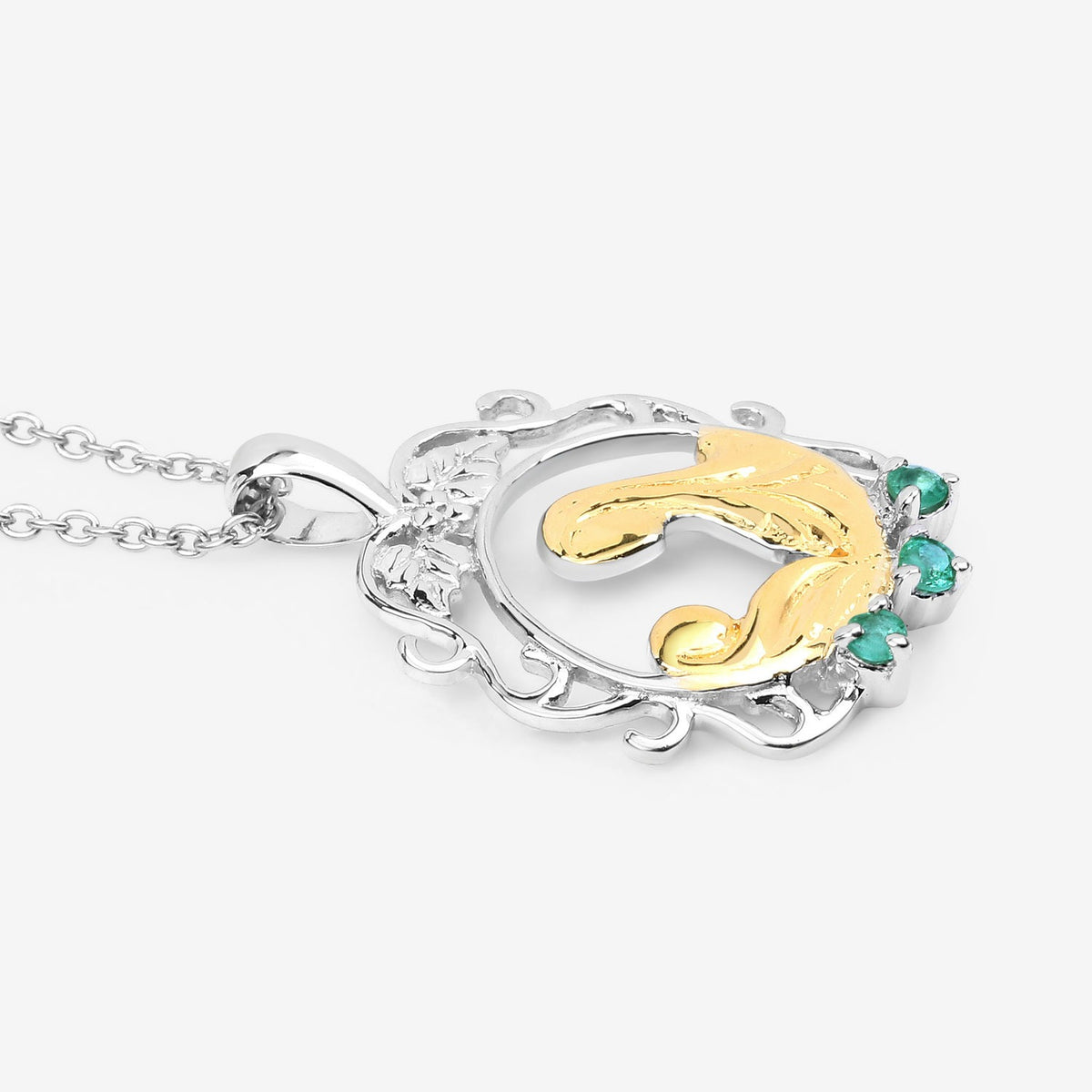 Round Green Emerald Prong Silver Pendant Necklace