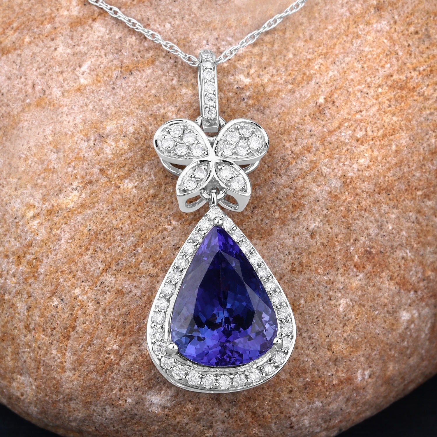 5.54 Ct Genuine Pear Tanzanite and Diamond 18K White Gold Statement Pendant