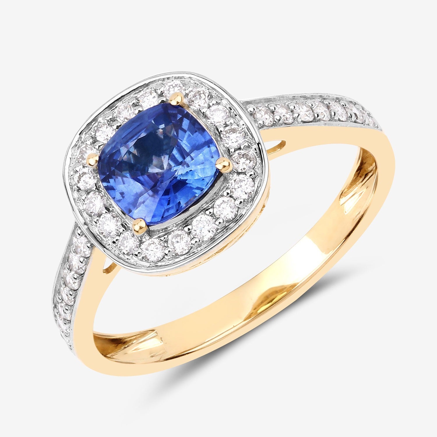 1.31 Ct Genuine Blue Sapphire Diamond 18K Yellow Gold Halo Pave Ring